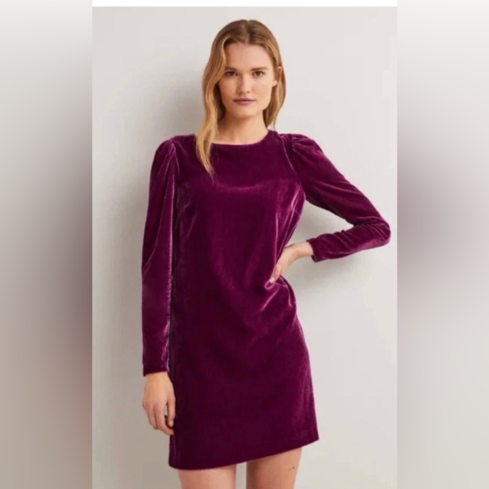 Boden Plum Velvet Open Back Mini Dress SZ 14 rhinestone button long sleeve lined - Picture 3 of 16
